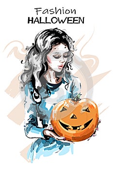 Hand drawn beautiful young woman with halloween pumpkin. Stylish elegant girl holding pumpkin with happy face. Fashion woman.