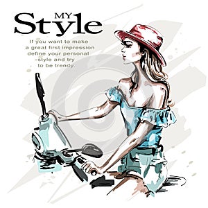 Hand drawn beautiful young woman in hat with scooter. Fashion woman riding. Stylish girl in fashion clothes.