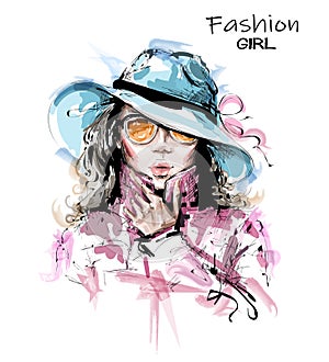 Hand drawn beautiful young woman in hat. Stylish elegant girl in sunglasses. Fashion woman portrait.