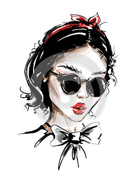 Hand drawn beautiful young woman with head accessory. Stylish elegant girl in sunglasses. Fashion woman look. Sketch.