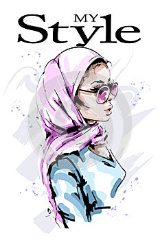 Hand drawn beautiful young woman in head scarf. Stylish elegant girl in hijab. Fashion woman portrait.