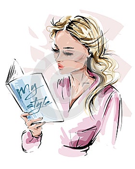 Hand drawn beautiful young woman holding a book. Stylish blonde hair girl reading a book. Fashion woman look. Sketch.