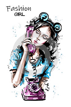 Hand drawn beautiful young woman holding handset of an old vintage style telephone. Stylish girl with bear ears head accessory.