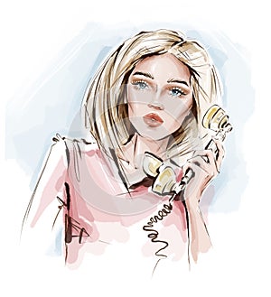 Hand drawn beautiful young woman holding phone handset. Blonde hair girl. Sketch.