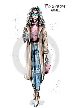 Hand drawn beautiful young woman holding plastic coffee cup. Stylish elegant girl in coat. Fashion woman look.