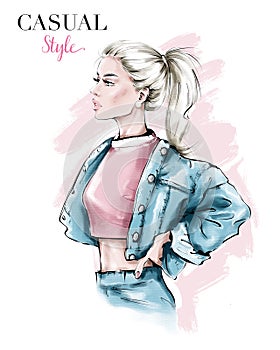 Hand drawn beautiful young woman in jeans jacket . Fashion blonde hair woman with ponytail. Fashion illustration. Stylish girl. photo