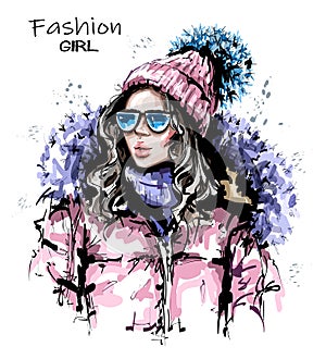 Hand drawn beautiful young woman in knit cap. Stylish girl in winter clothes. Fashion woman look.