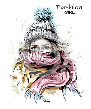 Hand drawn beautiful young woman in knit cap. Stylish winter look. Fashion woman with scarf.