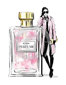 Hand drawn beautiful young woman with large perfume bottle. Fashion look. Stylish girl in fashion clothes. Woman in pink coat.