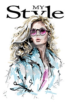 Hand drawn beautiful young woman with long blonde hair. Fashion lady. Stylish girl in sunglasses. Fashion woman look.