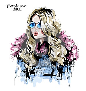 Hand drawn beautiful young woman with long blonde hair. Stylish girl in fashion clothing. Fashion woman look.