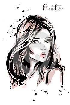 Hand drawn beautiful young woman with long hair. Stylish cute girl. Fashion woman portrait.