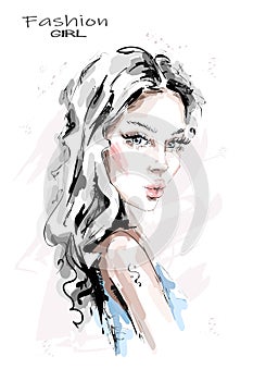 Hand drawn beautiful young woman with long hair. Stylish girl. Fashion woman look. Sketch.