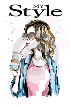 Hand drawn beautiful young woman with paper coffee cup. Fashion woman in sunglasses. Stylish lady.