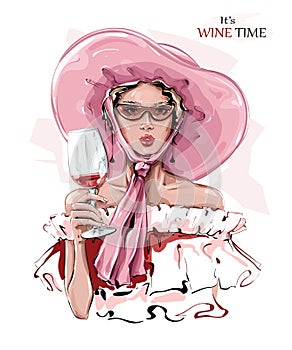 Hand drawn beautiful young woman in pink hat. Fashion woman with glass of wine. Stylish girl in sunglasses. Sketch.