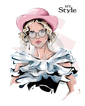 Hand drawn beautiful young woman in pink hat. Stylish girl in eyeglasses. Fashion woman look. Sketch.