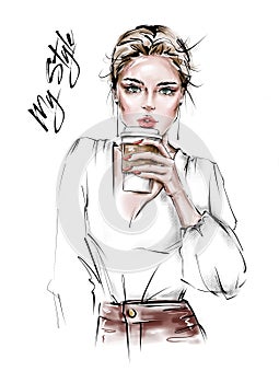 Hand drawn beautiful young woman with plastic coffee cup in her hand. Stylish girl. Fashion woman look. Sketch.