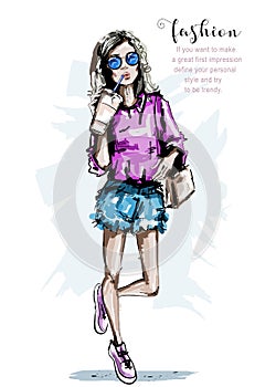 Hand drawn beautiful young woman with plastic coffee cup. Stylish girl. Fashion woman look.