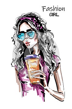 Hand drawn beautiful young woman with plastic cup. Stylish elegant girl drinking juice. Fashion woman portrait.