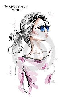 Hand drawn beautiful young woman with ponytail. Stylish blonde hair girl. Fashion woman look. Female character in sunglasses.