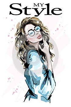 Hand drawn beautiful young woman portrait. Cute blond curly hair girl. Fashion lady.