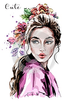 Hand drawn beautiful young woman portrait. Fashion woman. Cute girl with flowers.