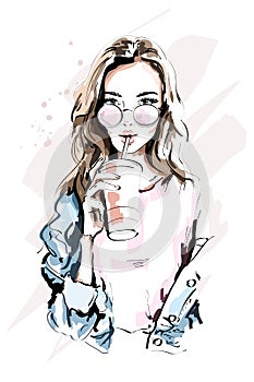 Hand drawn beautiful young woman portrait. Fashion girl with coffee cup. Stylish woman in sunglasses.