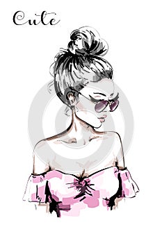 Hand drawn beautiful young woman portrait. Fashion woman in sunglasses. Cute blond hair girl with stylish hairstyle. photo