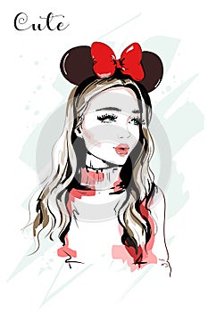 Hand drawn beautiful young woman portrait. Fashion woman with ear headband.