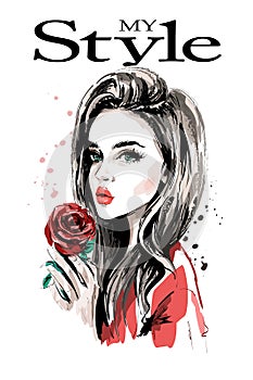 Hand drawn beautiful young woman portrait. Fashion woman with red rose.