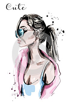 Hand drawn beautiful young woman portrait. Girl with ponytail. Fashion woman in sunglasses. Stylish lady.