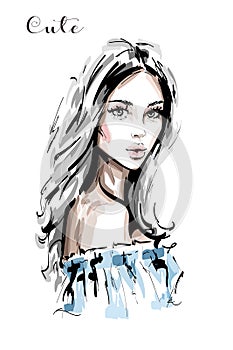 Hand drawn beautiful young woman portrait. Stylish elegant girl. Fashion woman face.