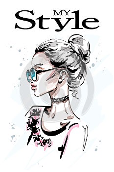 Hand drawn beautiful young woman profile. Stylish elegant blond hair girl in sunglasses. Fashion woman portrait.