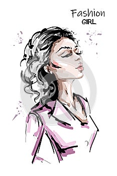 Hand drawn beautiful young woman profile. Stylish elegant girl. Fashion woman portrait.