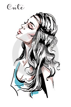 Hand drawn beautiful young woman profile. Stylish elegant girl with long blond hair. Fashion woman portrait.