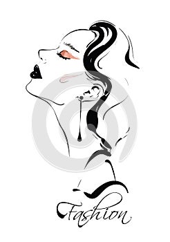 Hand drawn beautiful young woman profile. Stylish girl. Fashion woman. Sketch.