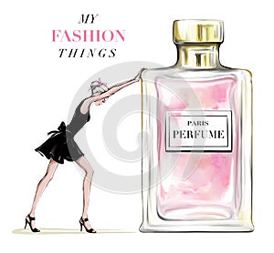 Hand drawn beautiful young woman pushing perfume bottle. Fashion woman in black dress. Stylish girl with bow on her head. photo