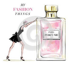 Hand drawn beautiful young woman pushing perfume bottle. Fashion woman in black dress. Stylish girl with bow on her head.