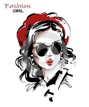 Hand drawn beautiful young woman in red beret. Stylish girl in sunglasses. Fashion woman look. Sketch.