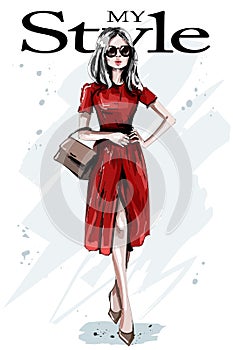 Hand drawn beautiful young woman in red dress. Stylish elegant girl with bag. Fashion woman outfit.