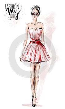 Hand drawn beautiful young woman in red dress. Stylish elegant girl. Fashion woman look. Sketch.