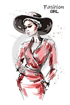 Hand drawn beautiful young woman in red dress. Stylish elegant girl in hat. Fashion woman portrait.