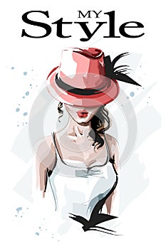 Hand drawn beautiful young woman in red hat. Fashion woman with curly hair. Stylish lady.