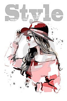 Hand drawn beautiful young woman in red hat. Fashion woman. Stylish lady portrait. Sketch.
