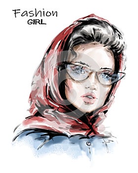 Hand drawn beautiful young woman in red scarf on her head. Stylish elegant girl. Fashion woman look. Sketch.