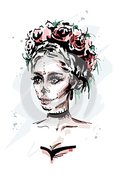 Hand drawn beautiful young woman with santa muerte makeup. Stylish halloween look. Fashion woman portrait. photo