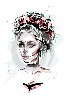 Hand drawn beautiful young woman with santa muerte makeup. Stylish halloween look. Fashion woman portrait.