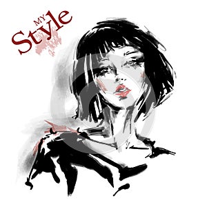 Hand drawn beautiful young woman with short haircut. Stylish girl. Fashion woman look. Sketch.