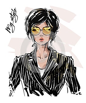 Hand drawn beautiful young woman with short haircut. Stylish girl in striped blazer. Fashion woman look. Sketch.