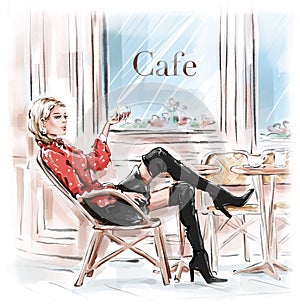 Hand drawn beautiful young woman sitting in Paris street cafe. Blonde hair girl in black shoes. Sketch.